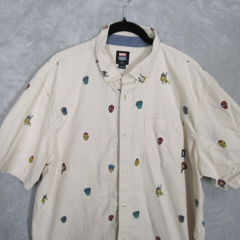 Marvel X Vans Button Up Shirt All Over Print Cream Large Short Sleeve - Picture 2 of 11